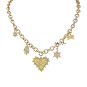 A gold-colored necklace with a heart-shaped pendant featuring the Jewish star of David and Hamsa charms, displayed against a white background.