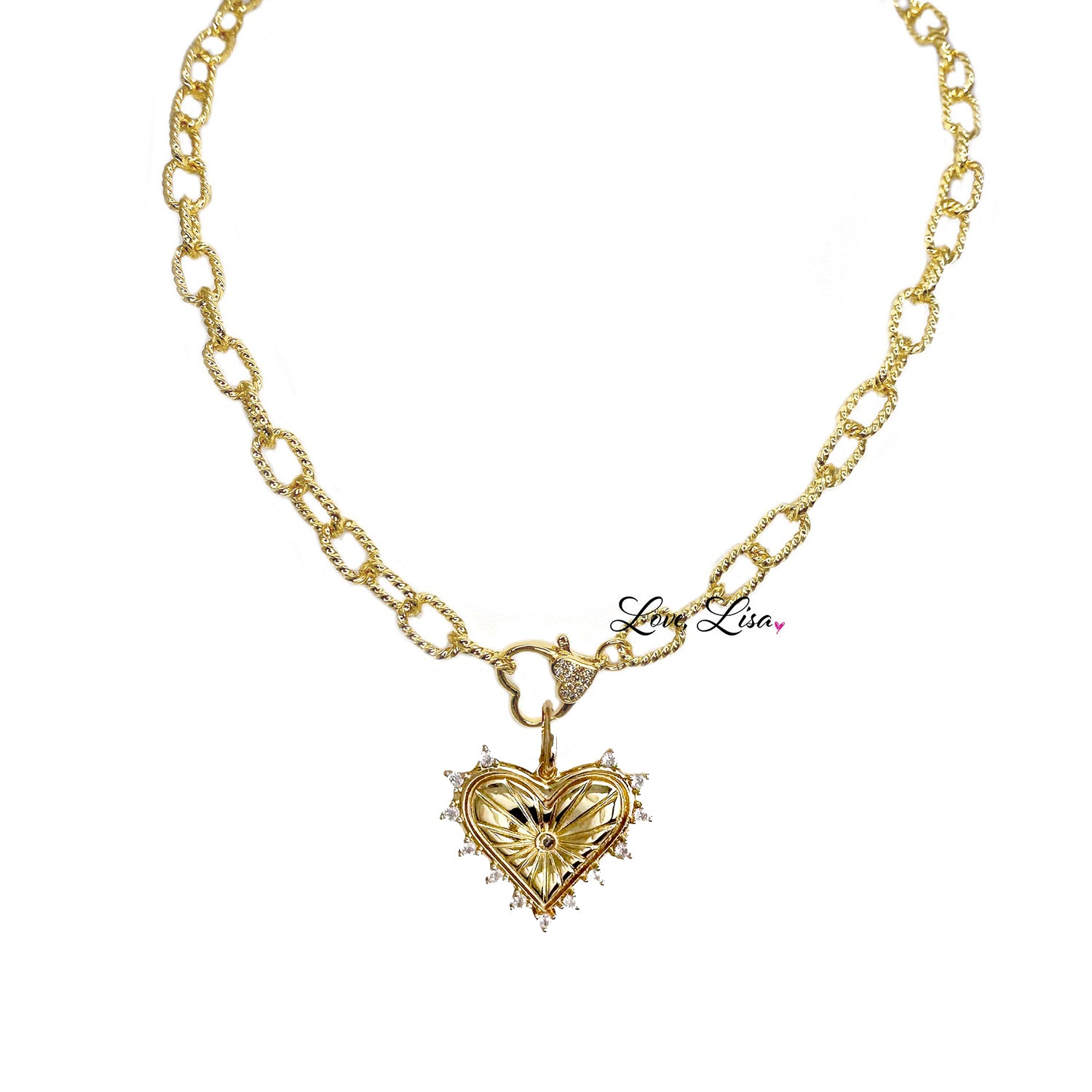 Sarah Stunning Heart Charm crystal heart pendant styled on clasp necklace