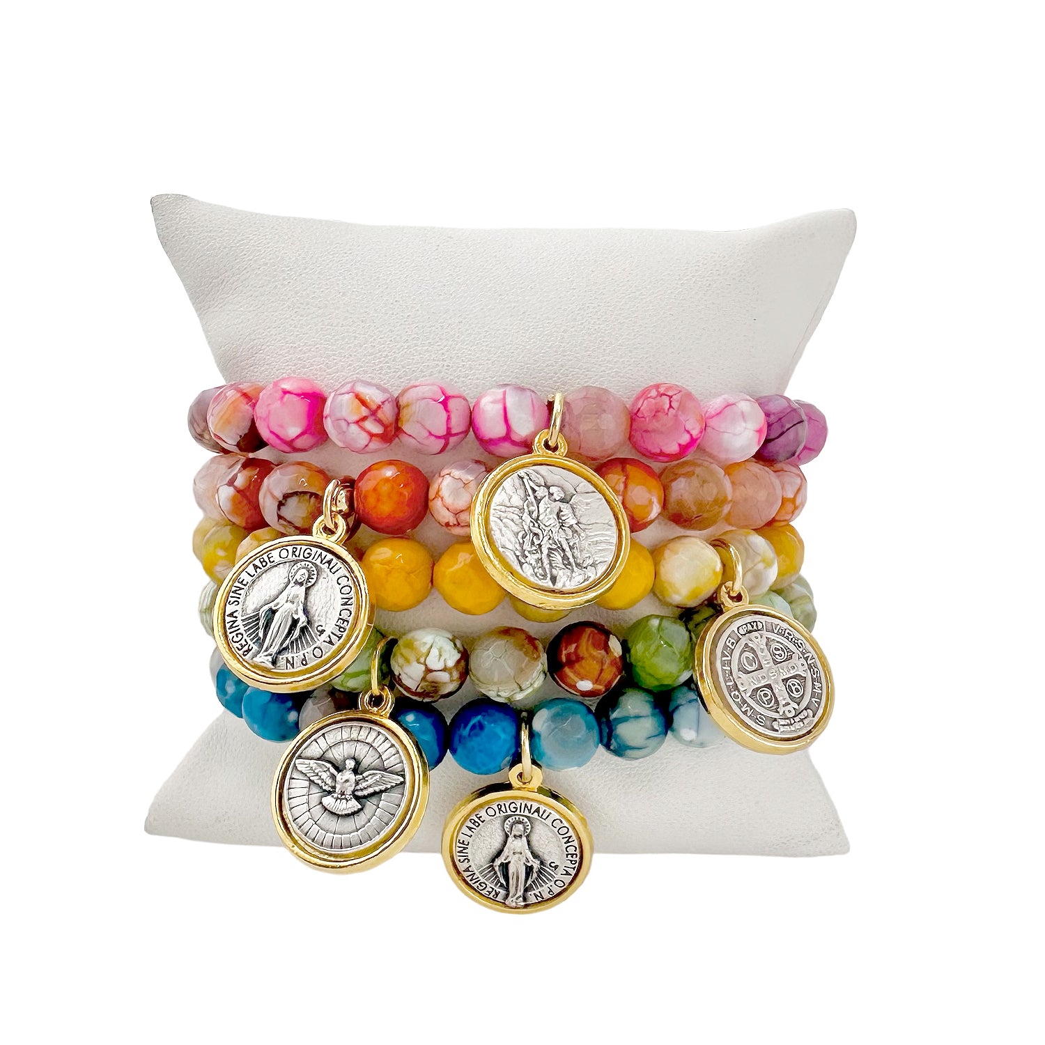 Set of five Scarlett Faith gemstone stretch bracelets with assorted Catholic charms

