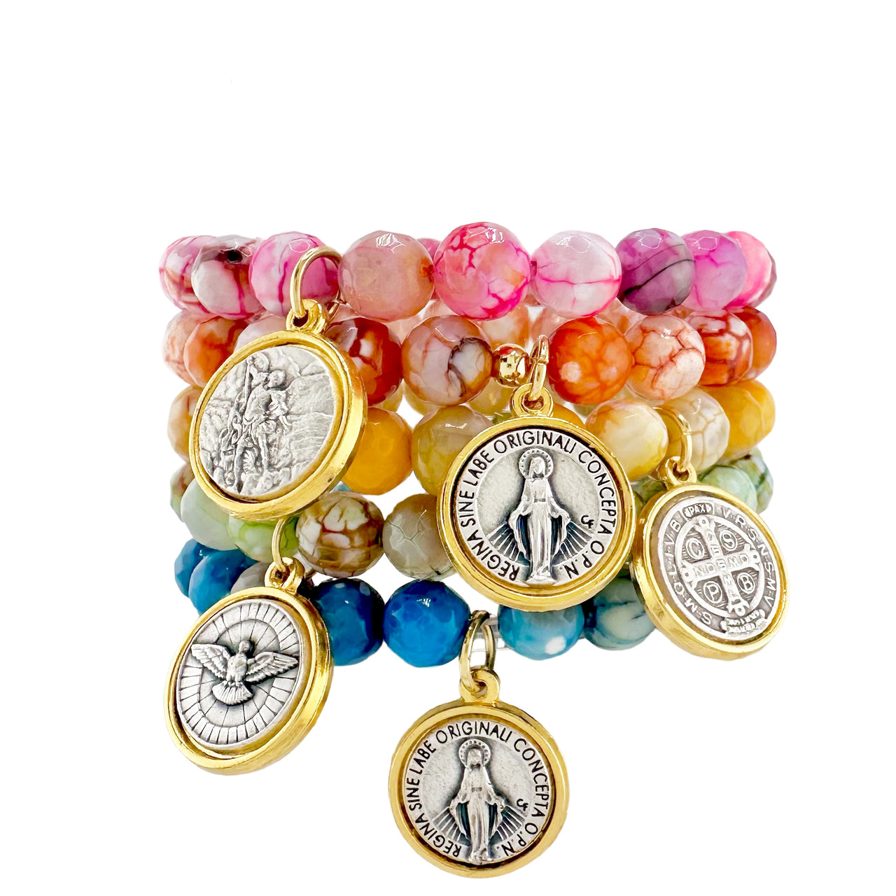 Scarlett Faith agate gemstone bracelet stack with Catholic medal charms