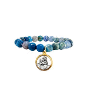 Blue agate 8mm faceted gemstone stretch bracelet with gold-framed St. Christopher Catholic charm