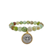 Green agate gemstone stretch bracelet with Holy Spirit medal charm