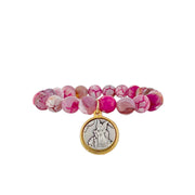 Hot pink agate gemstone stretch bracelet with gold-framed St. Michael Catholic charm