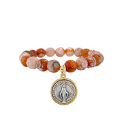 Orange agate gemstone stretch bracelet with Miraculous Medal charm