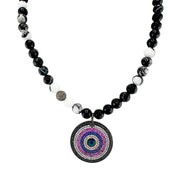black fire agate gemstone evil eye necklace with gold pendant