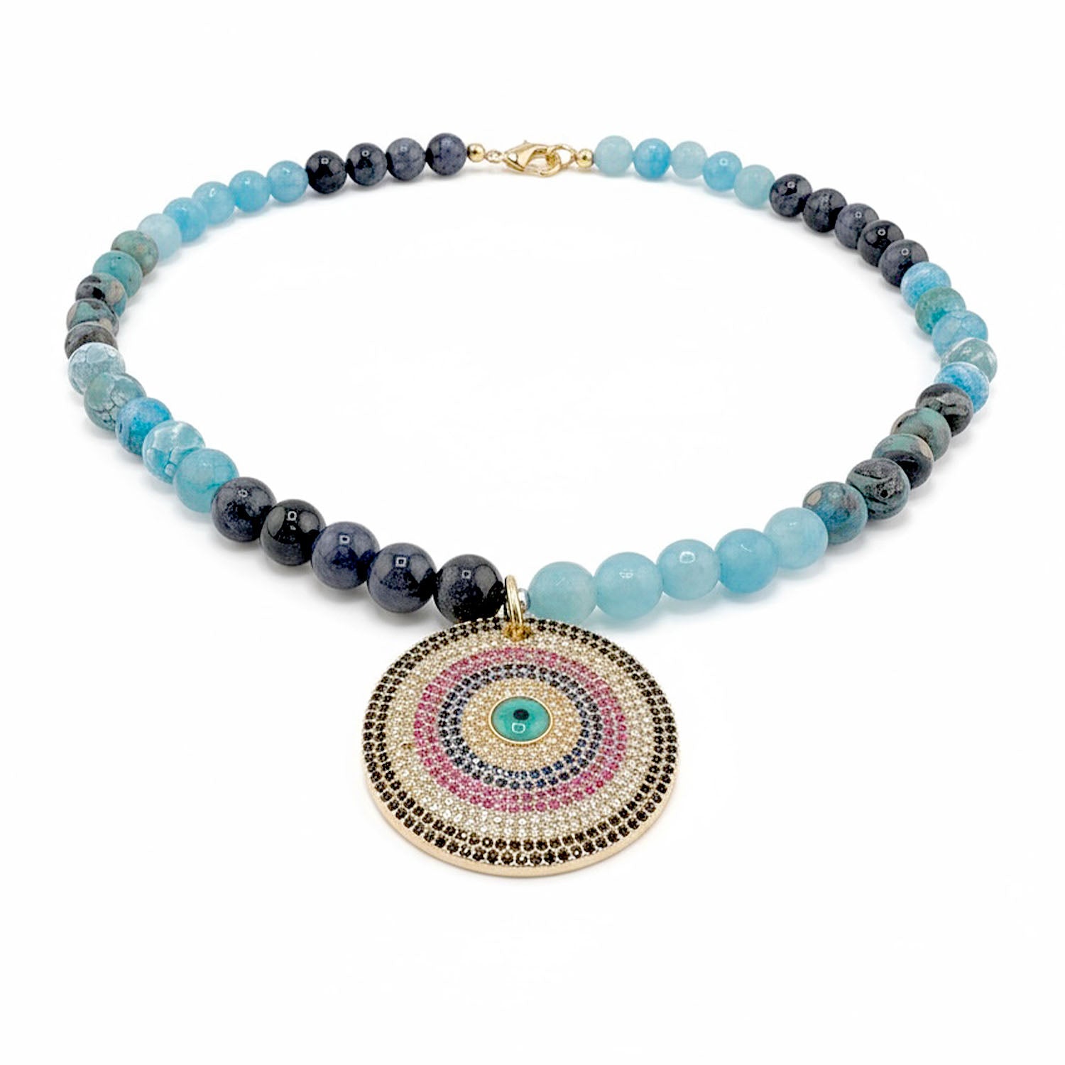 medium blue fire agate gemstone evil eye necklace with crystal pendant