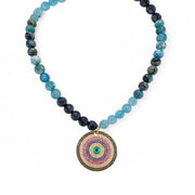 medium blue fire agate gemstone evil eye necklace with crystal pendant