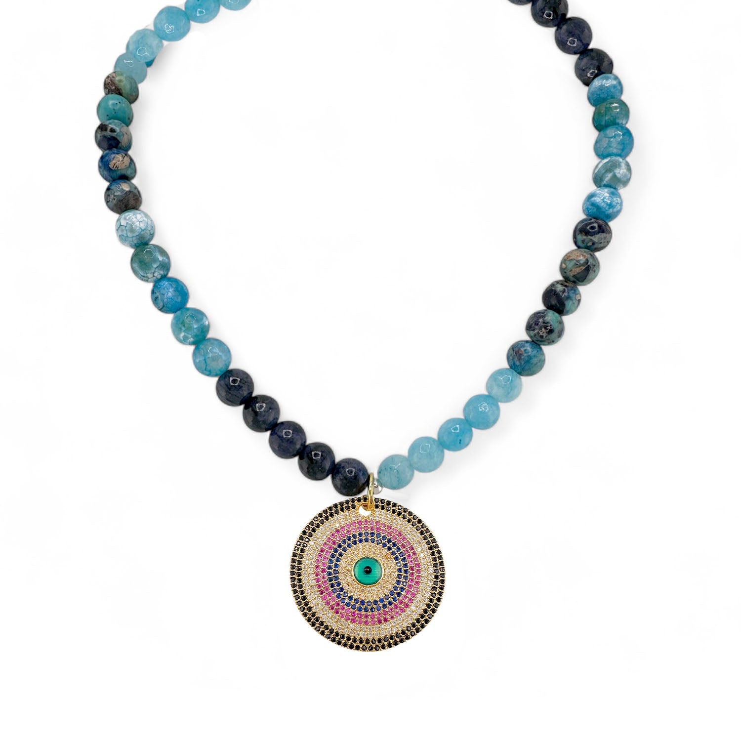 medium blue fire agate gemstone evil eye necklace with crystal pendant