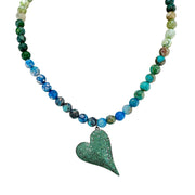 scarlett fire agate heart gemstone necklace with navy blue and green faceted beads and heart charm