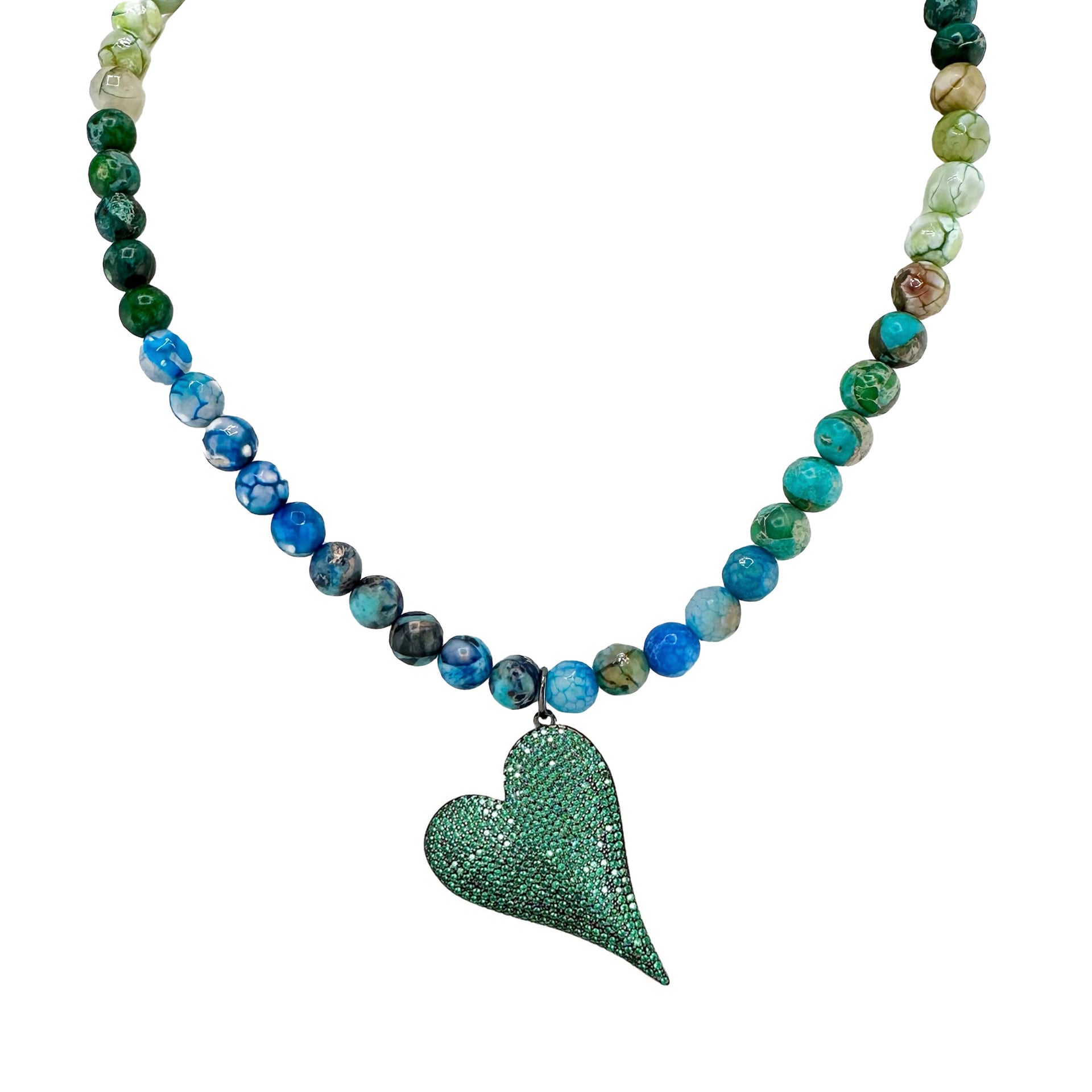 scarlett fire agate heart gemstone necklace with navy blue and green faceted beads and heart charm