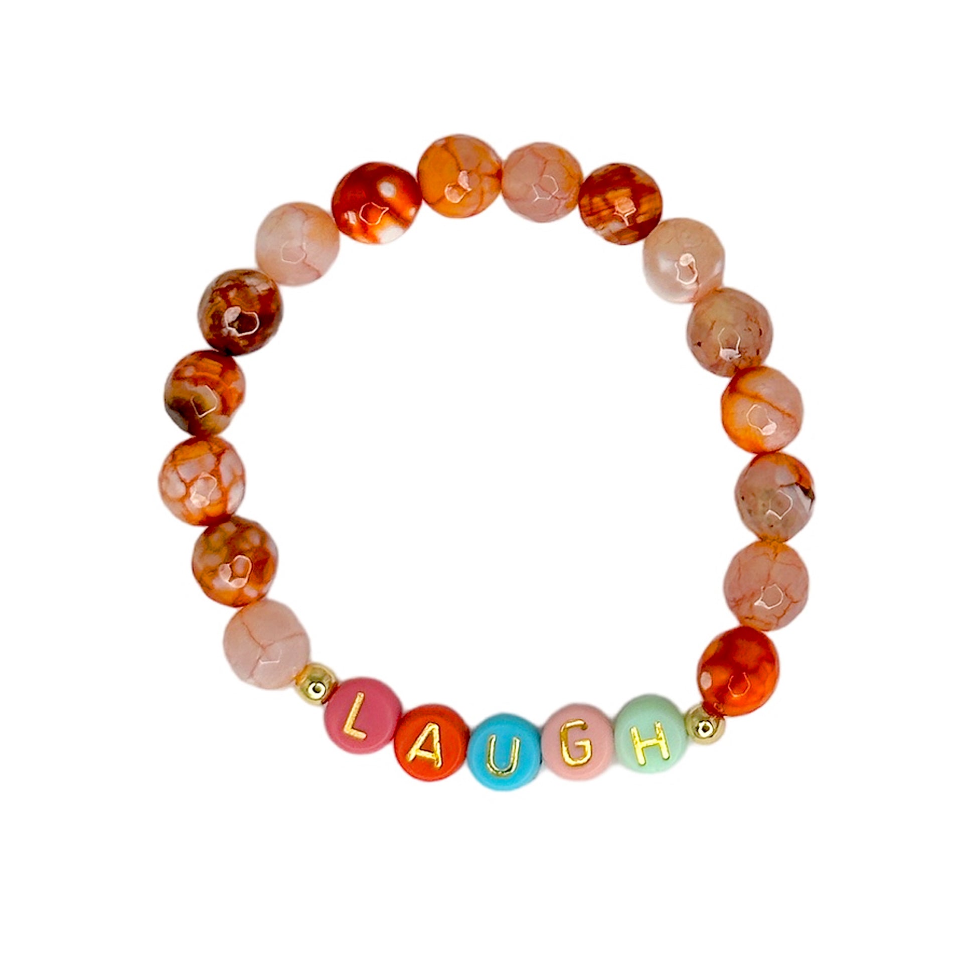 A stack of colorful bracelets with gemstone beads, each featuring a different word: CHAPPY, LAUGH, LOVE, DREAM, and STRONG.