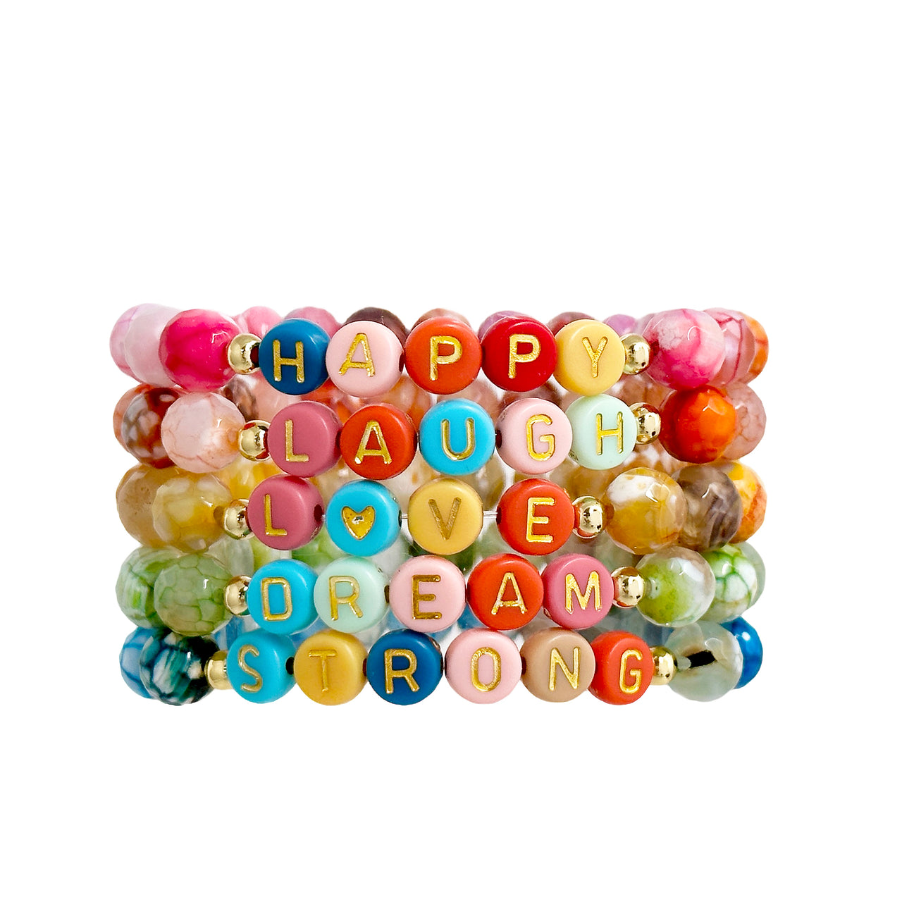 A stack of colorful bracelets with gemstone beads, each featuring a different word: CHAPPY, LAUGH, LOVE, DREAM, and STRONG.