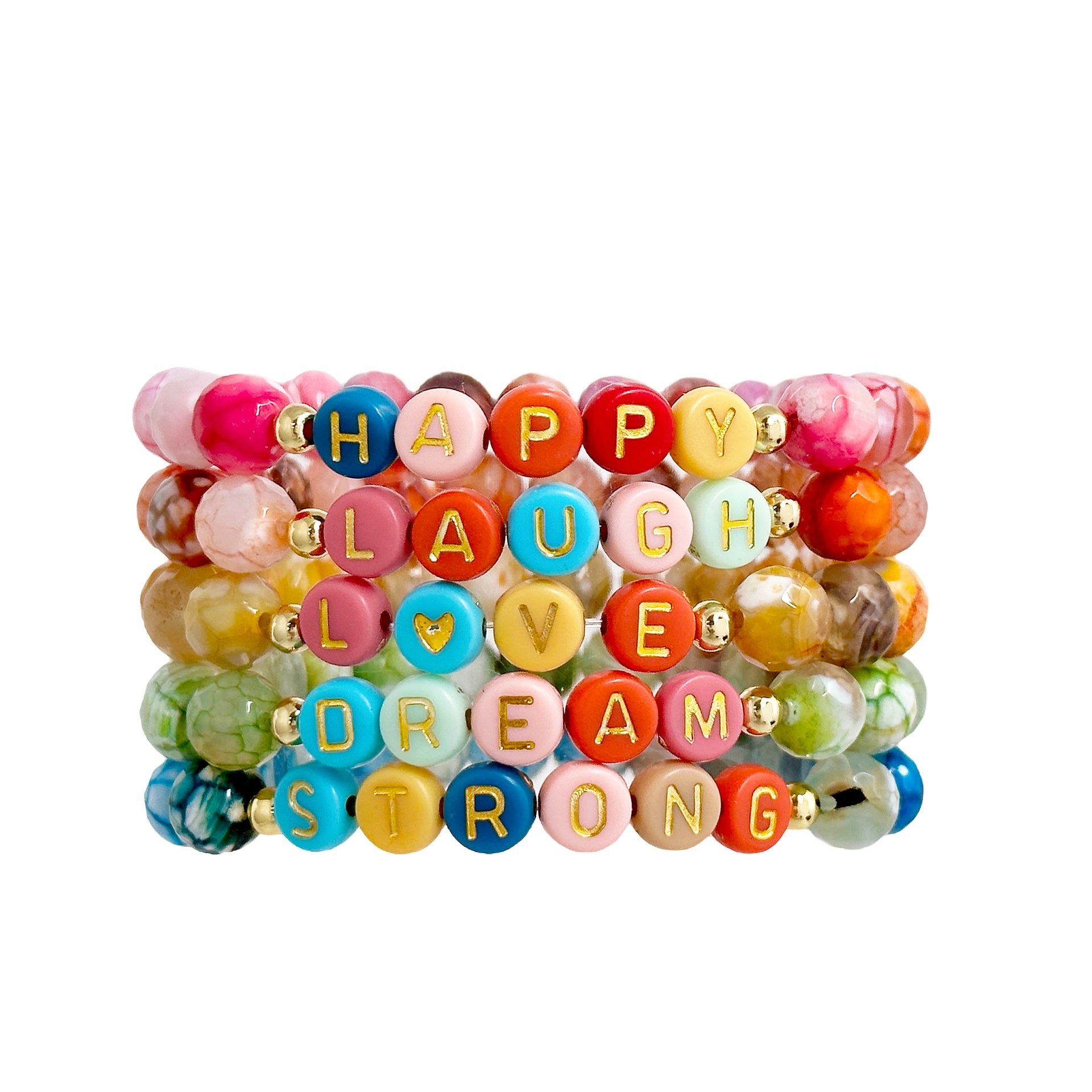 A stack of colorful bracelets with gemstone beads, each featuring a different word: CHAPPY, LAUGH, LOVE, DREAM, and STRONG.