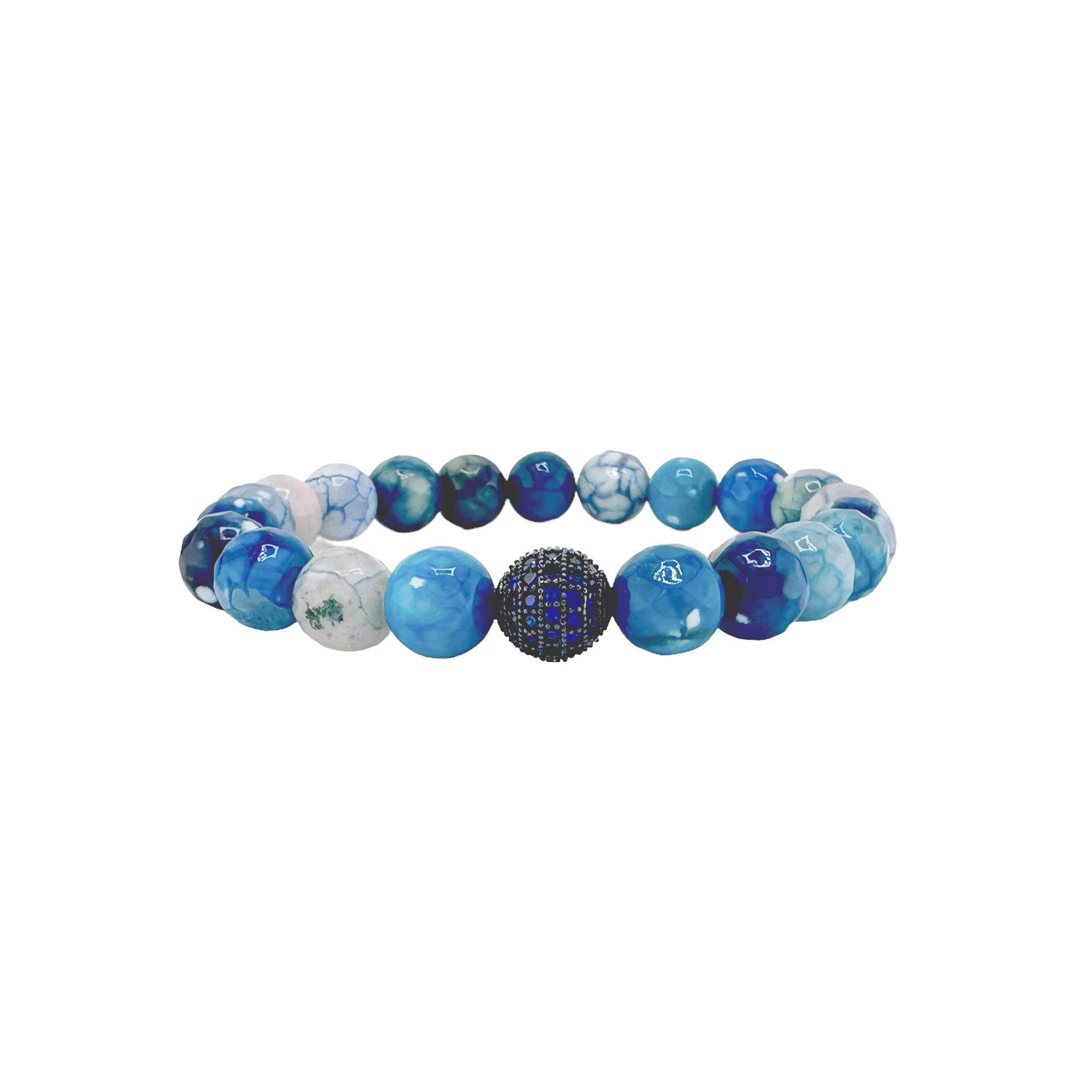blue fire agate gemstone stretch bracelet with pave accent bead
