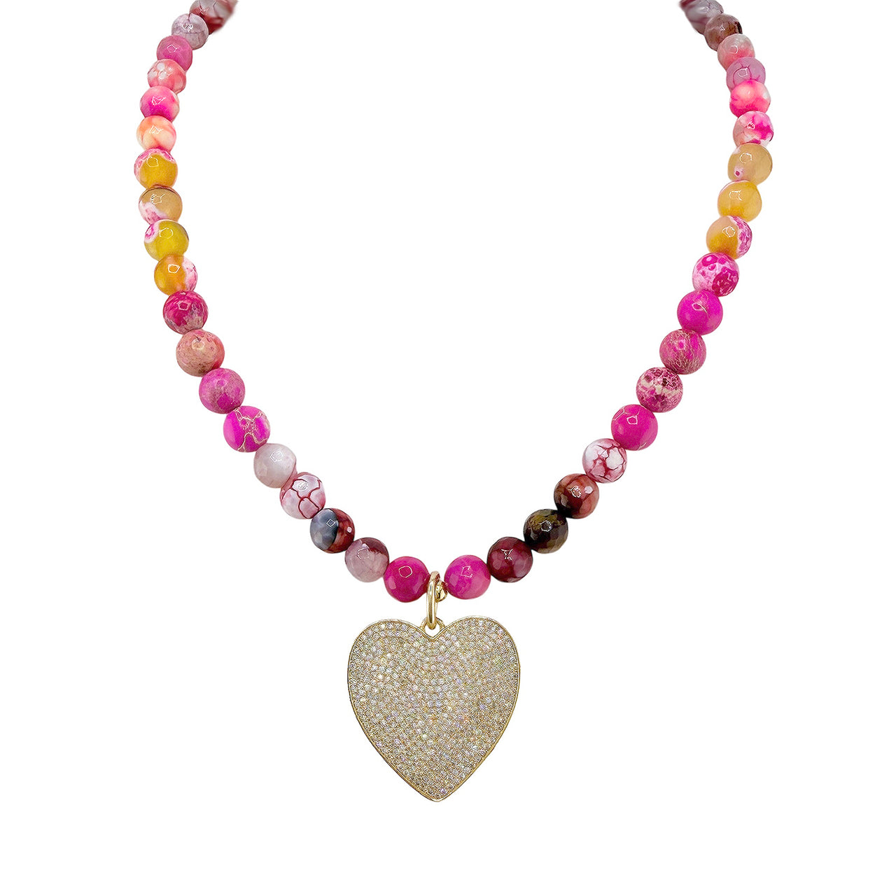 Scarlett Pink Fire Agate Heart Necklace gold pink with pavé heart pendant