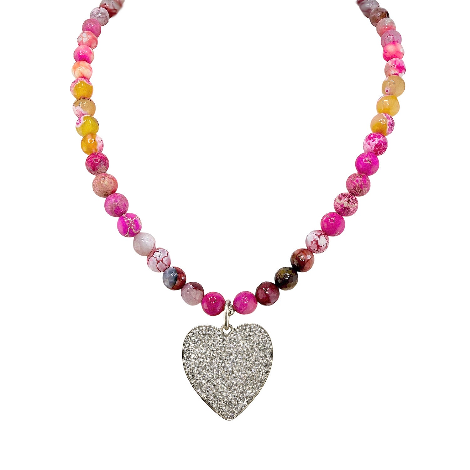 Scarlett Pink Fire Agate Heart Necklace front view with faceted gemstones and silver pave heart charm 