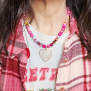 Scarlett Pink Fire Agate Heart Necklace worn at collarbone