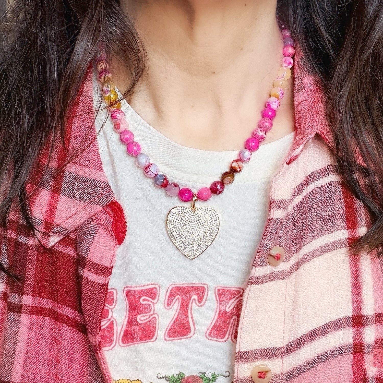 Scarlett Pink Fire Agate Heart Necklace worn at collarbone
