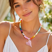 Love Lisa scarlett fire agate heart gemstone necklace with colorful faceted beads and pavé heart charm
