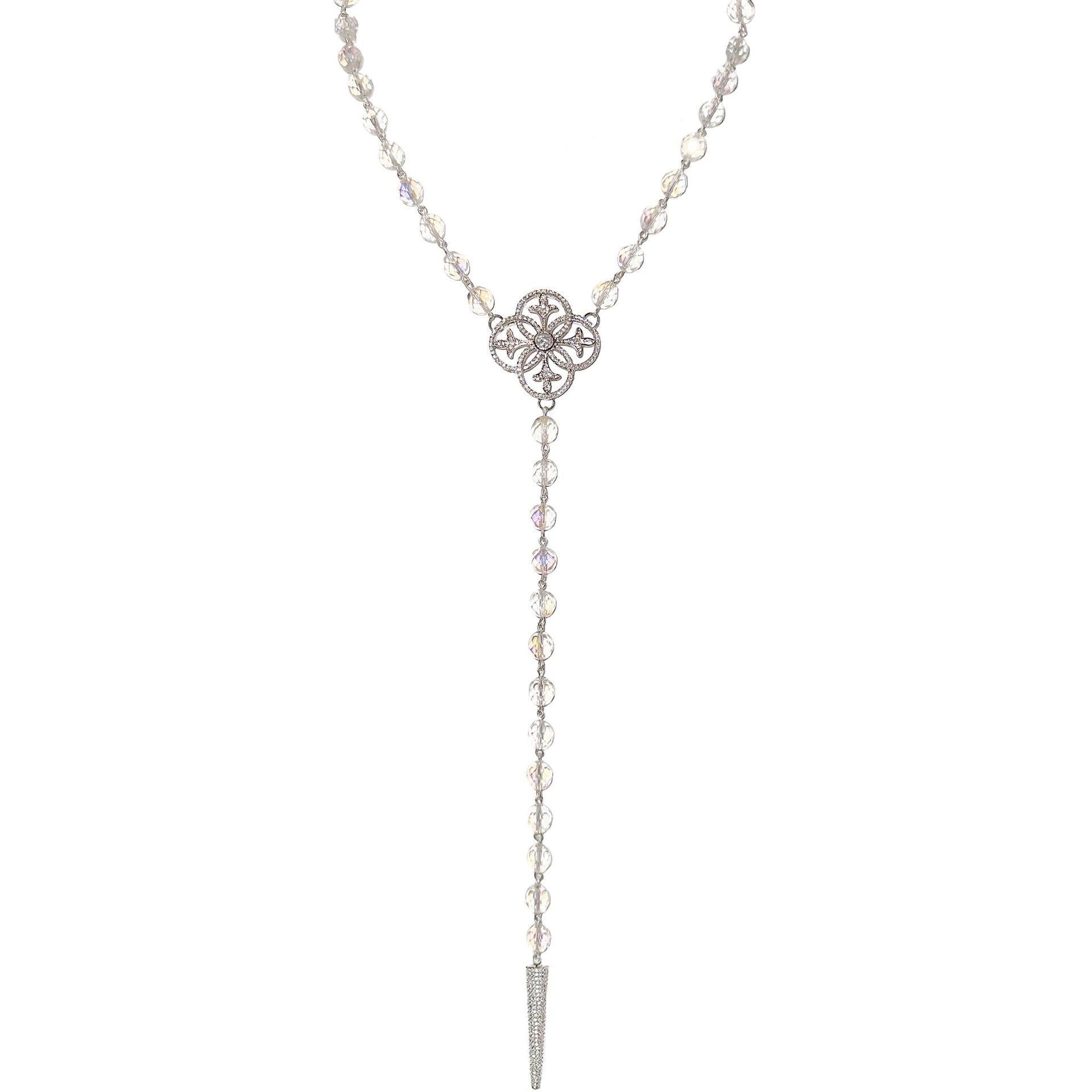 close up of seraphina 18 inch crystal y necklace with spike and clover charm