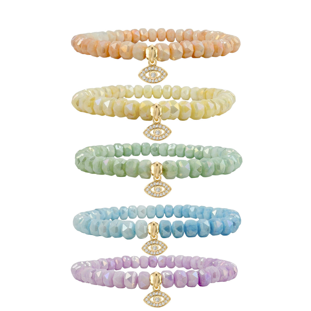 Love Lisa serena evil eye gemstone stretch bracelet stack showing multiple gemstone colors with pave evil eye charm details