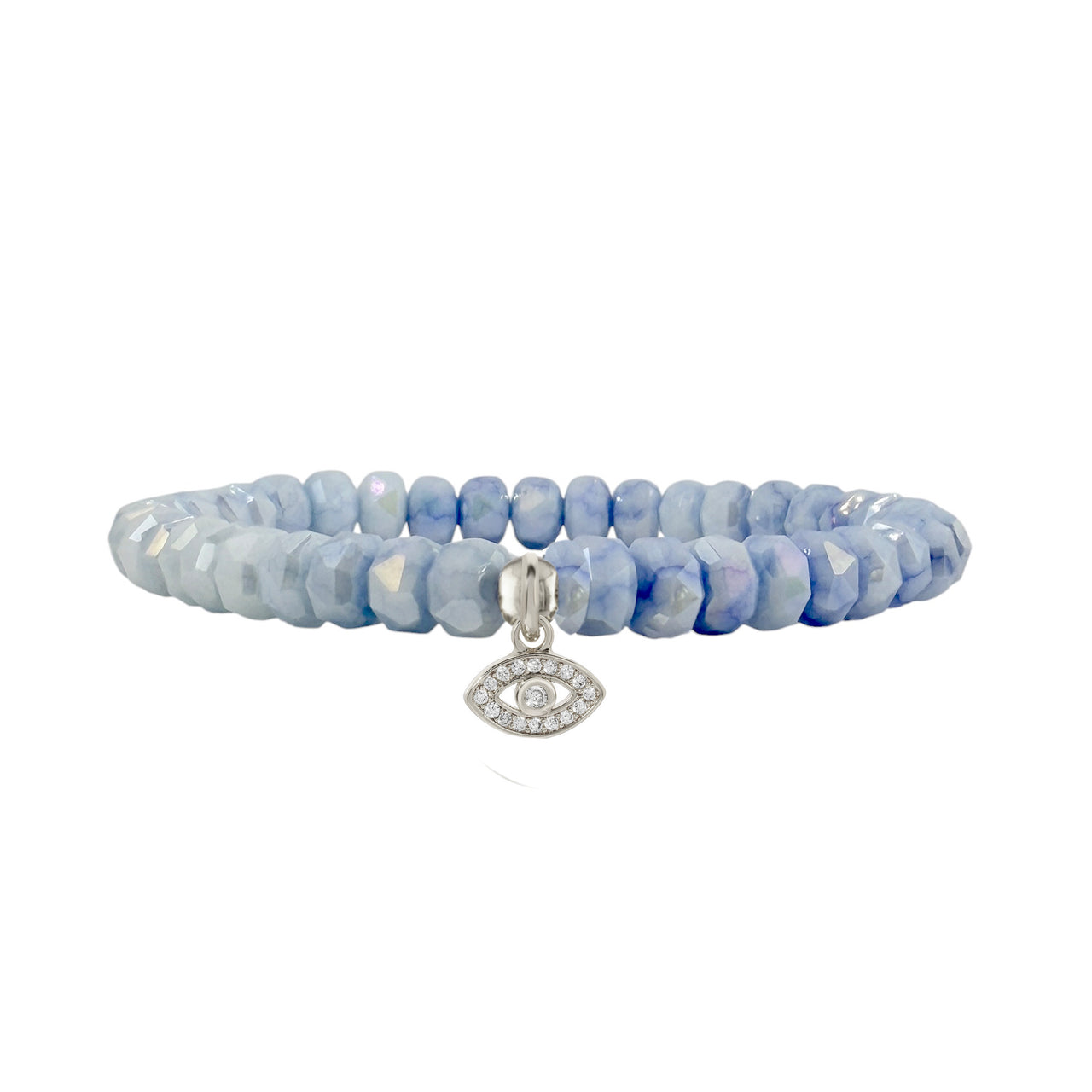 serena evil eye gemstone stretch bracelet ocean blue faceted rondelle beads with pave evil eye charm detail