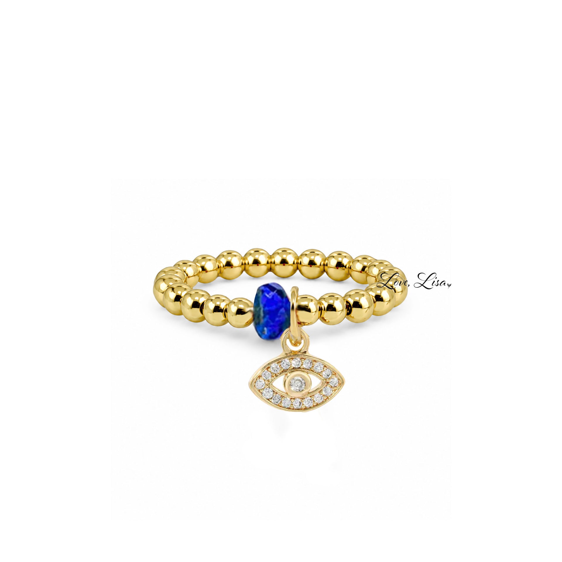 Serena Evil Eye Protection Stretch Ring in gold with 3mm beads blue crystal accent and pavé evil eye charm