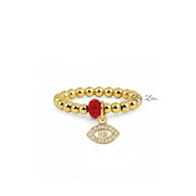 Serena Evil Eye Protection Stretch Ring in gold with 3mm beads red crystal accent and pavé evil eye charm