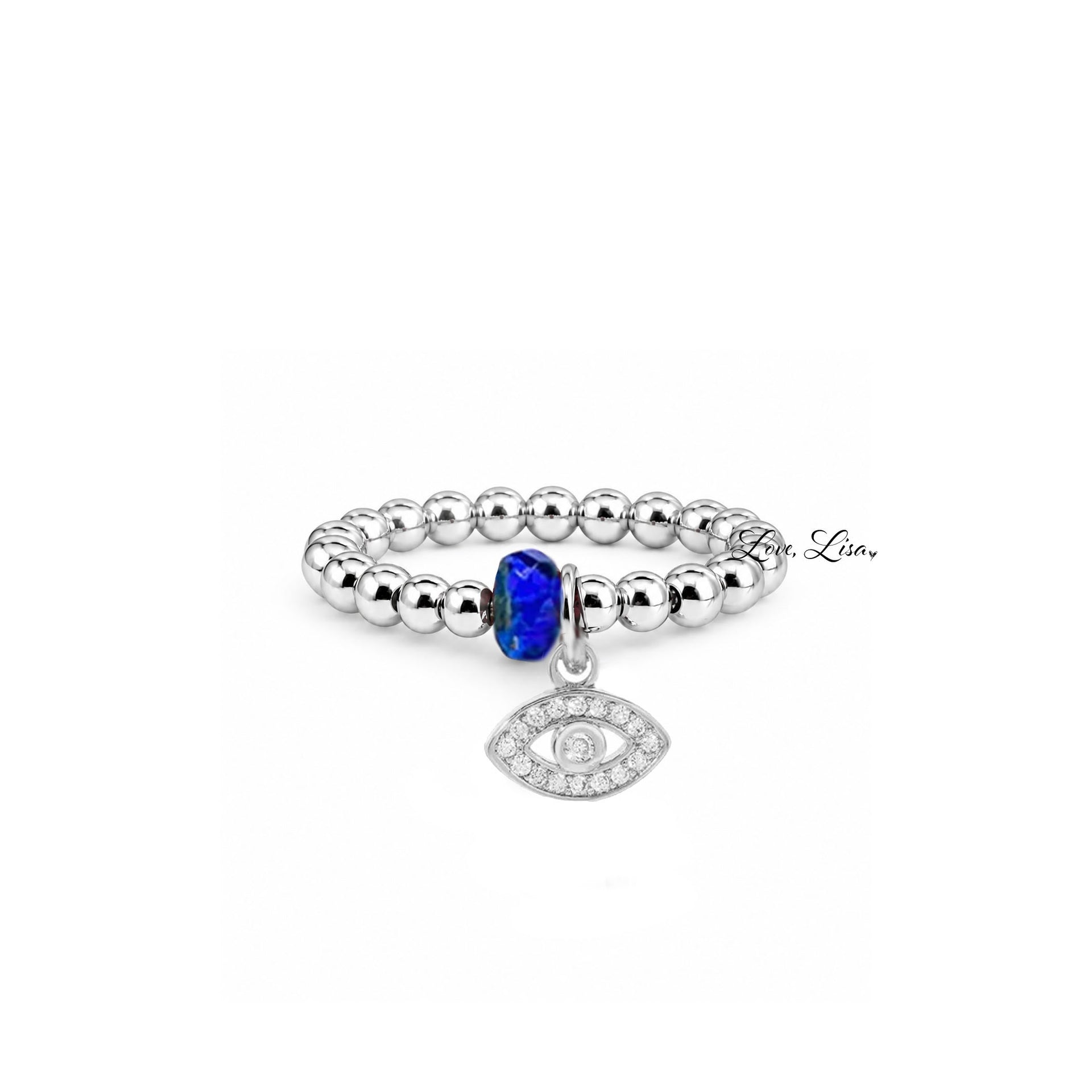 Love Lisa Serena Evil Eye Protection Stretch Ring in silver with 3mm beads blue crystal accent and pavé evil eye charm