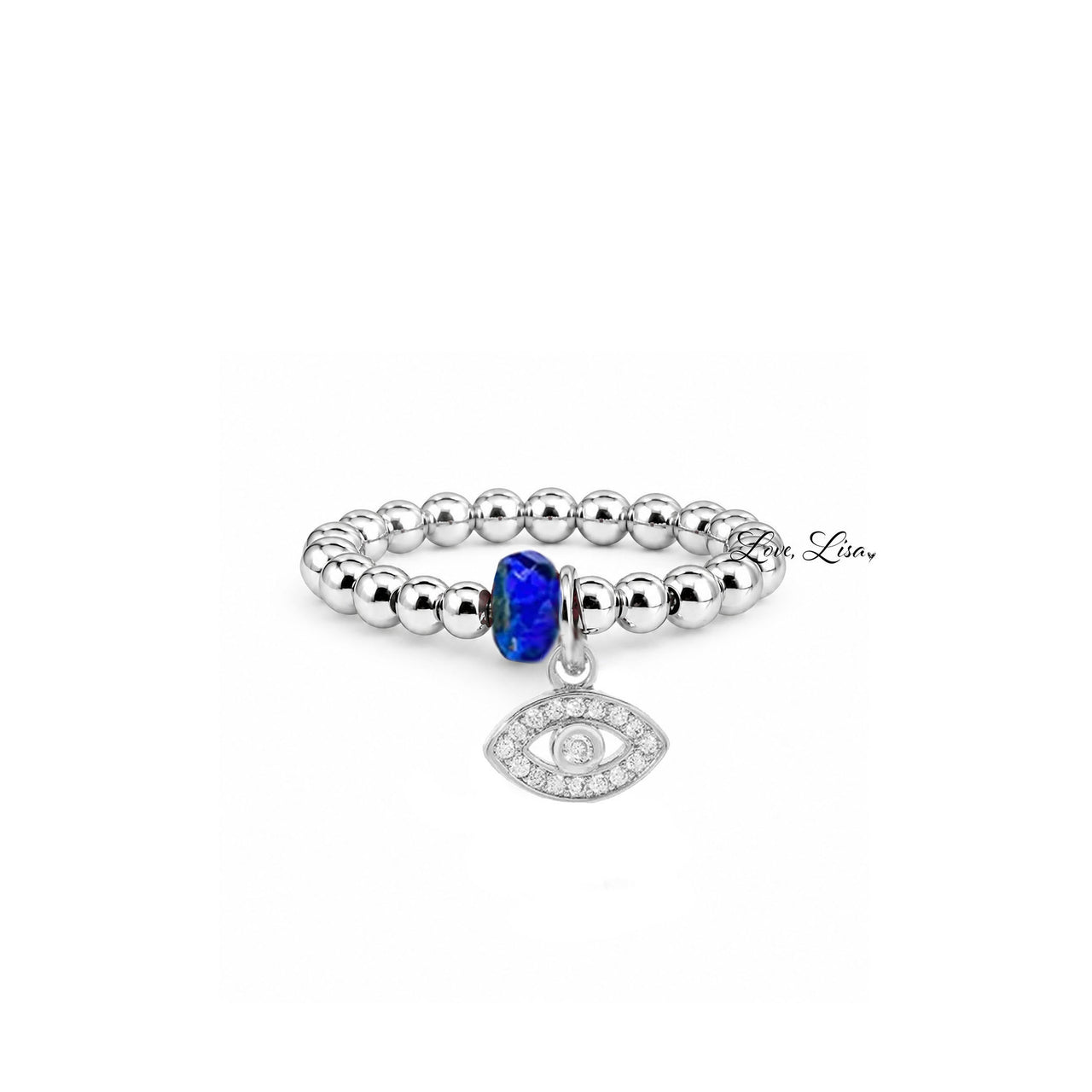 Love Lisa Serena Evil Eye Protection Stretch Ring in silver with 3mm beads blue crystal accent and pavé evil eye charm