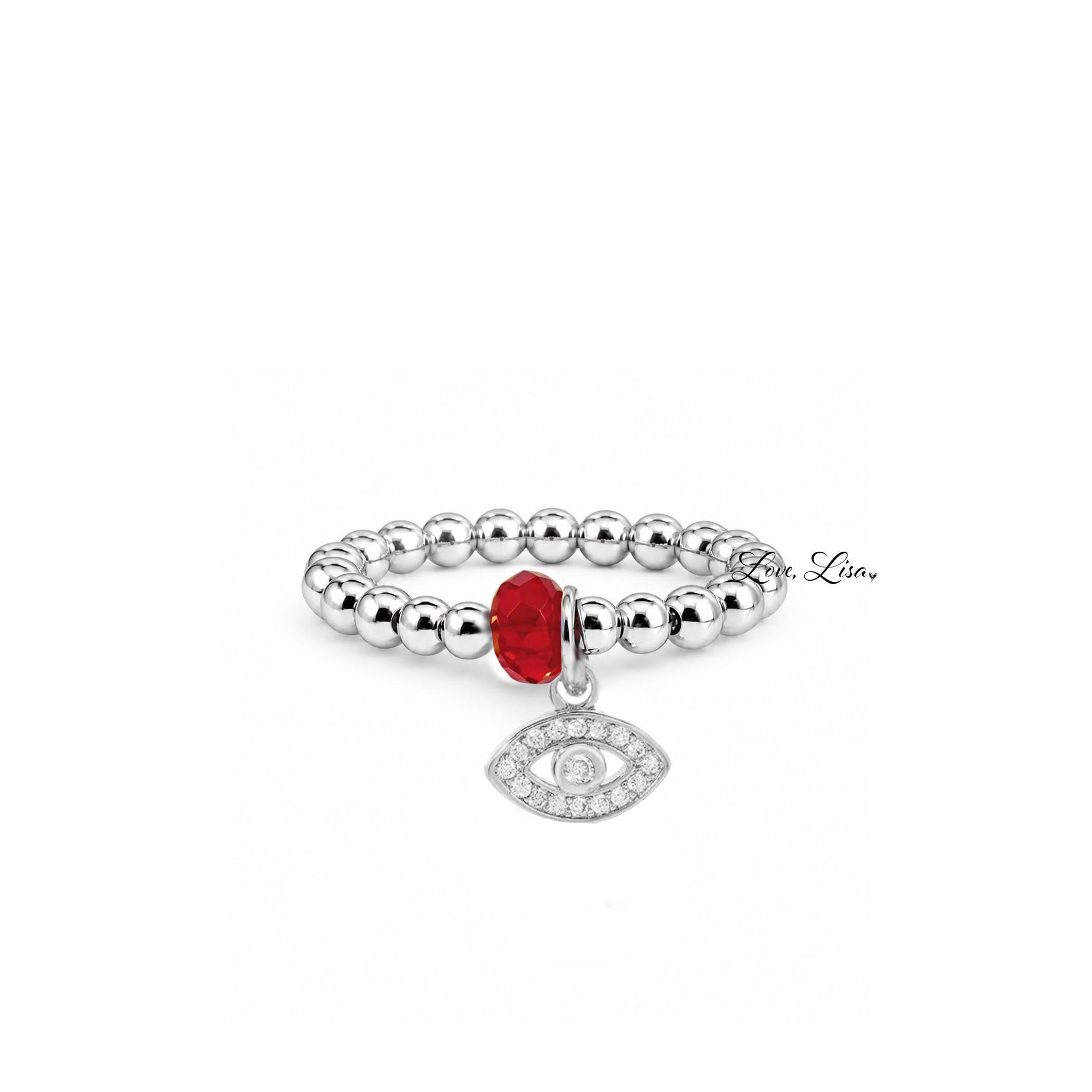 Serena Evil Eye Protection Stretch Ring in silver with 3mm beads red crystal accent and pavé evil eye charm