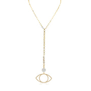 Love Lisa Serena Pearl Drop Long Necklace in gold with freshwater pearl accents and evil eye charm drop