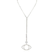 silver Serena Pearl Drop Long Necklace with freshwater pearl accents and evil eye charm drop