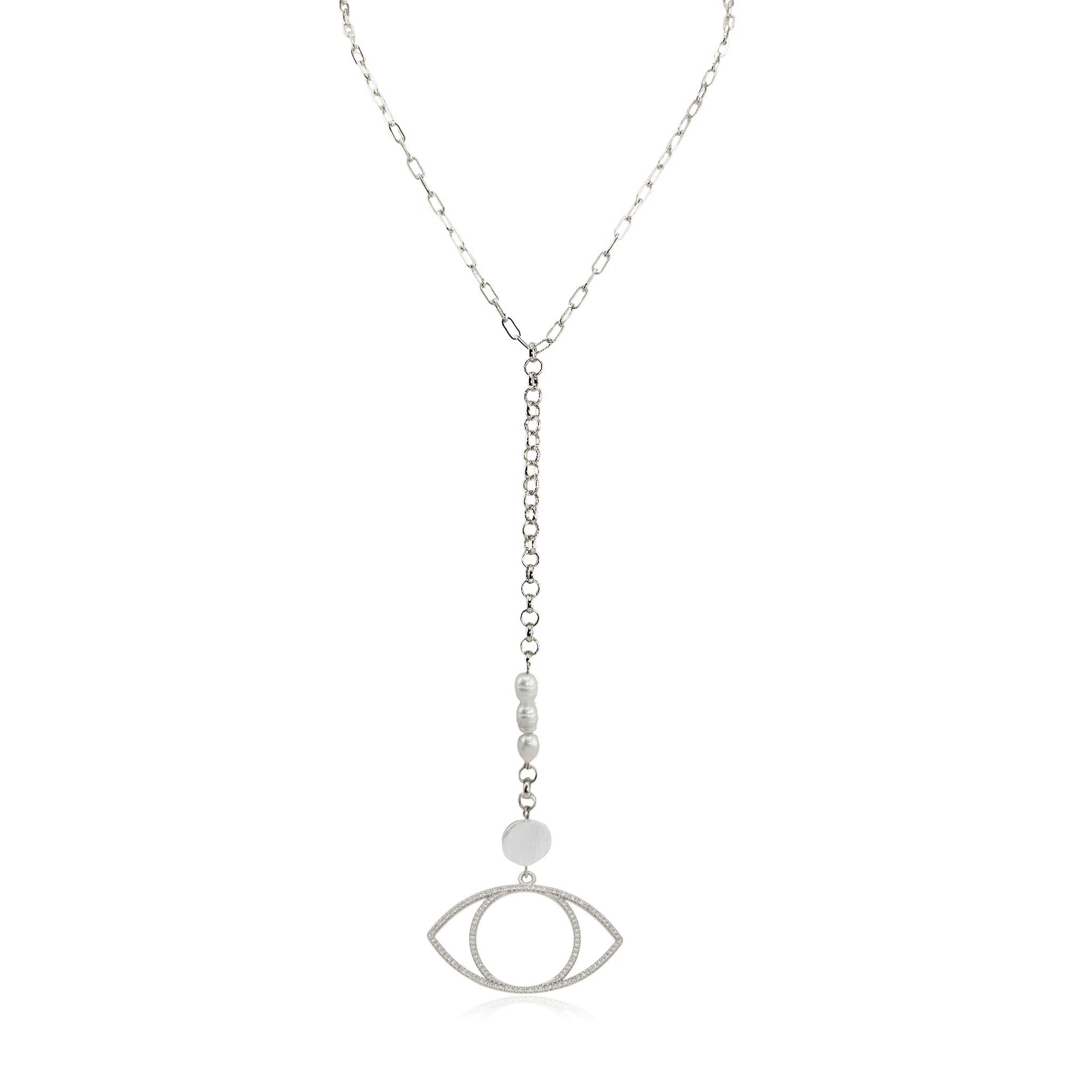 silver Serena Pearl Drop Long Necklace with freshwater pearl accents and evil eye charm drop