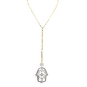 Serena Pearl Drop Long Necklace in gold with freshwater pearls and Hamsa charm drop