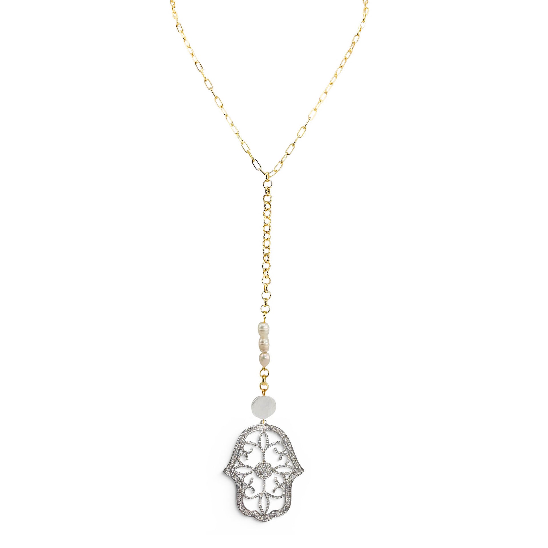 Serena Pearl Drop Long Necklace in gold with freshwater pearls and Hamsa charm drop
