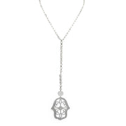 silver Serena Pearl Drop Long Necklace with freshwater pearl accents and Hamsa charm drop