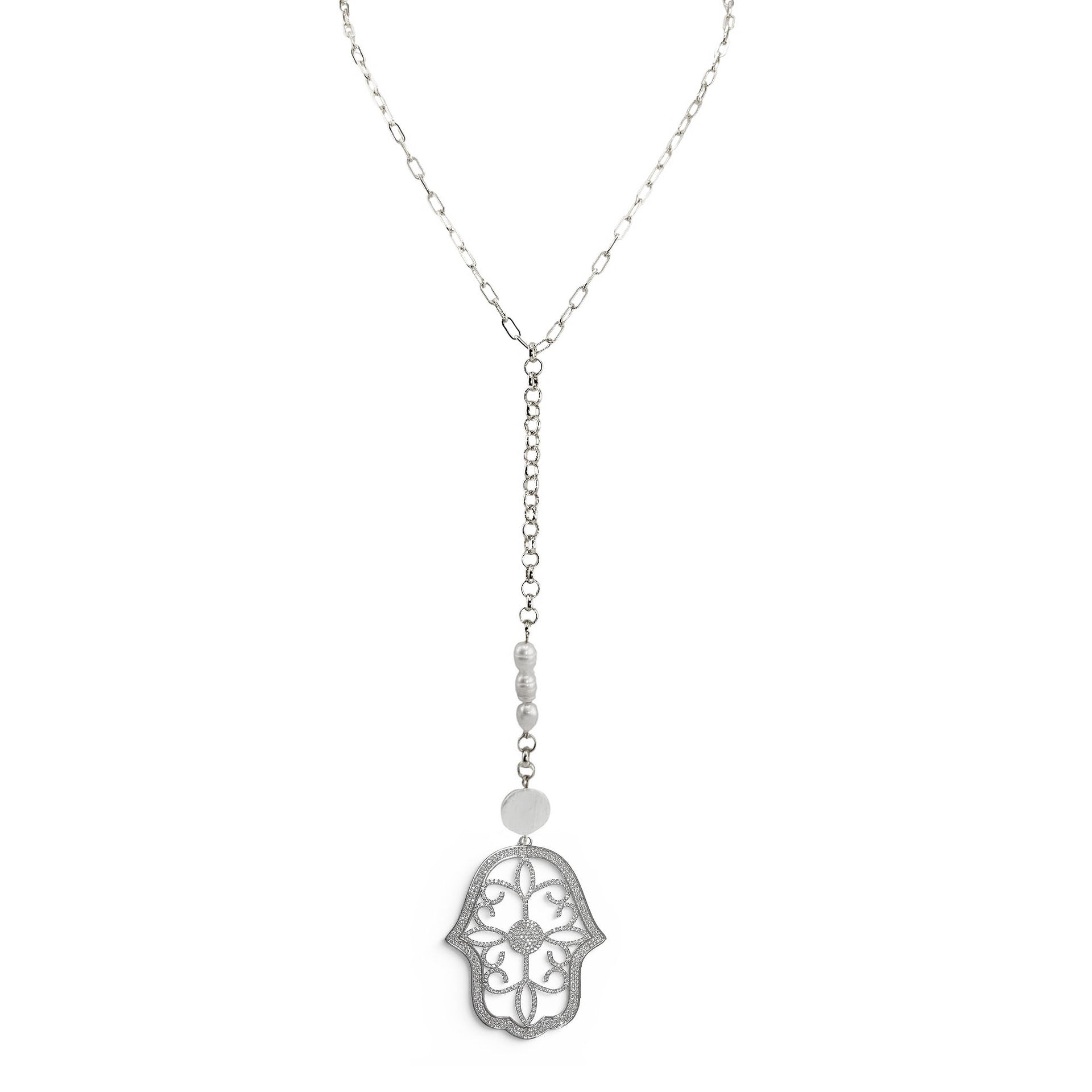silver Serena Pearl Drop Long Necklace with freshwater pearl accents and Hamsa charm drop