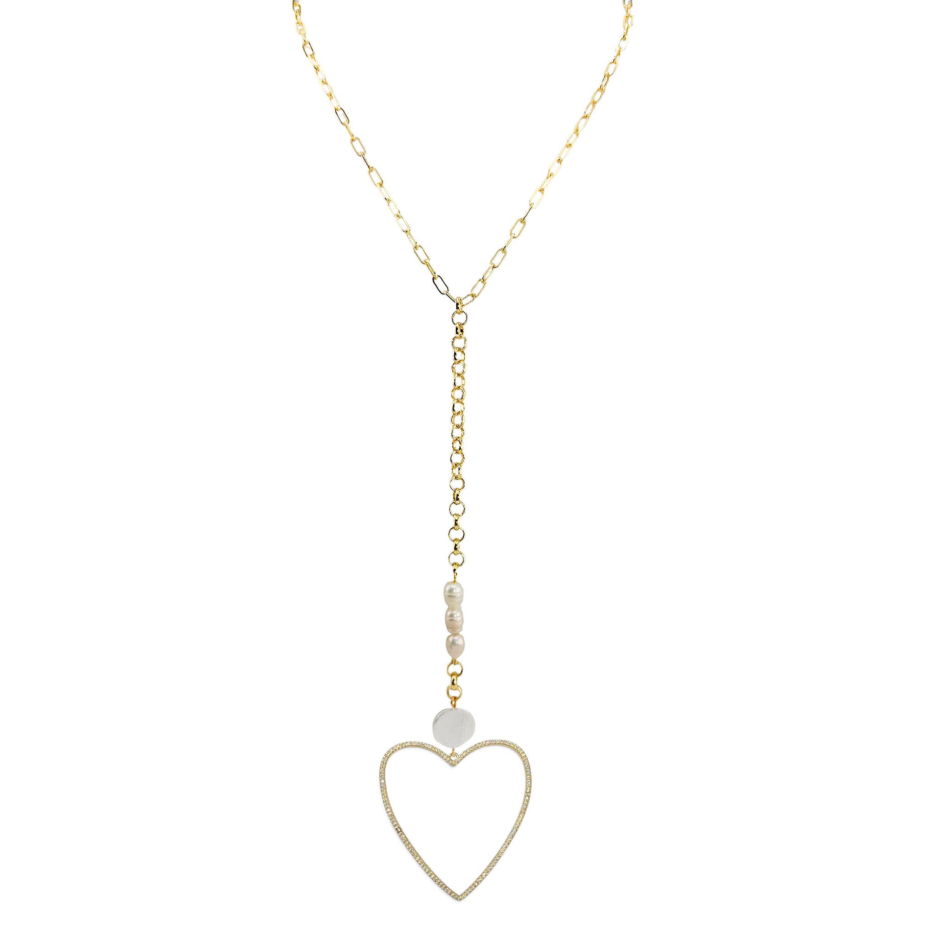 Serena Pearl Drop Long Necklace in gold with freshwater pearls and heart charm drop