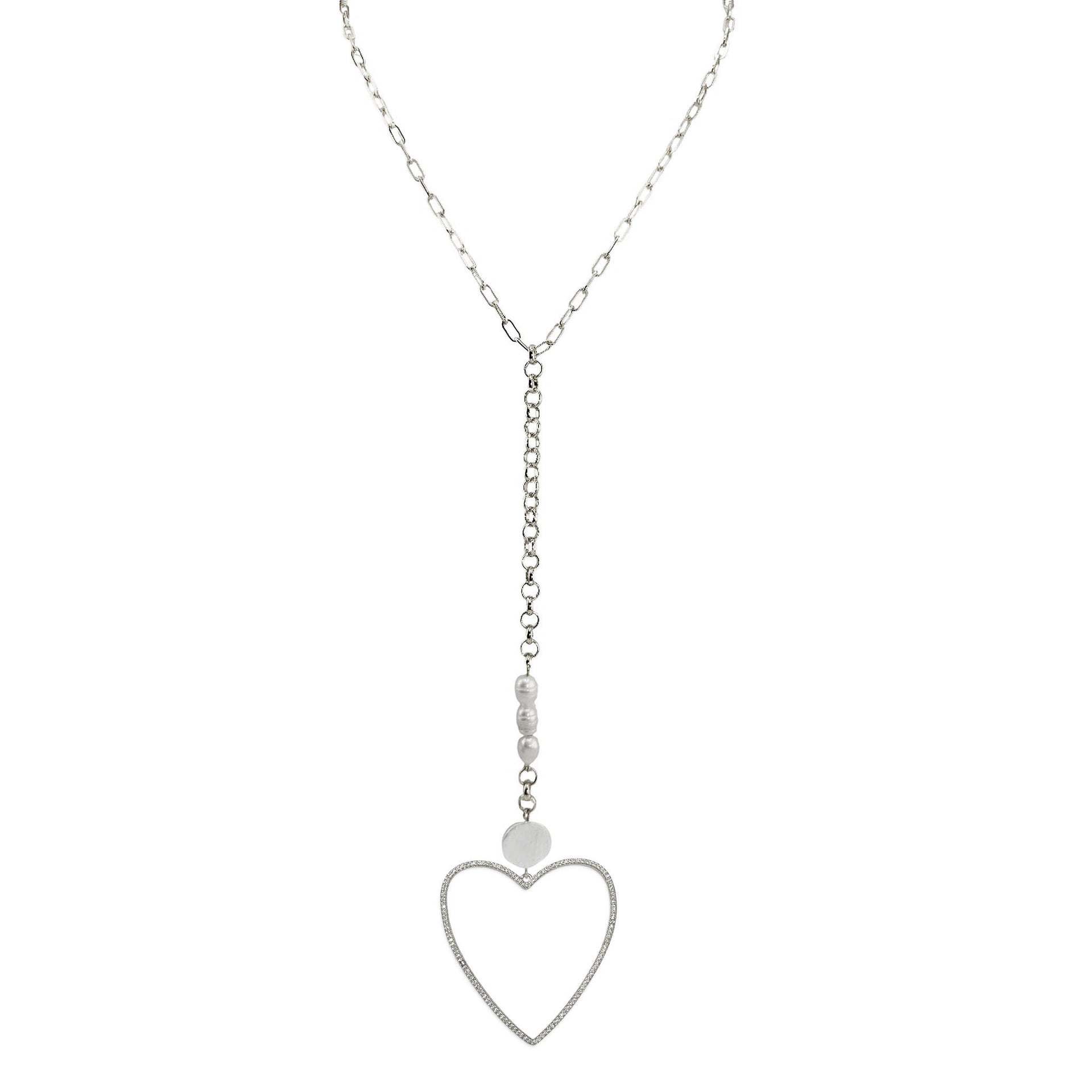 silver Serena Pearl Drop Long Necklace with freshwater pearl accents and heart charm drop