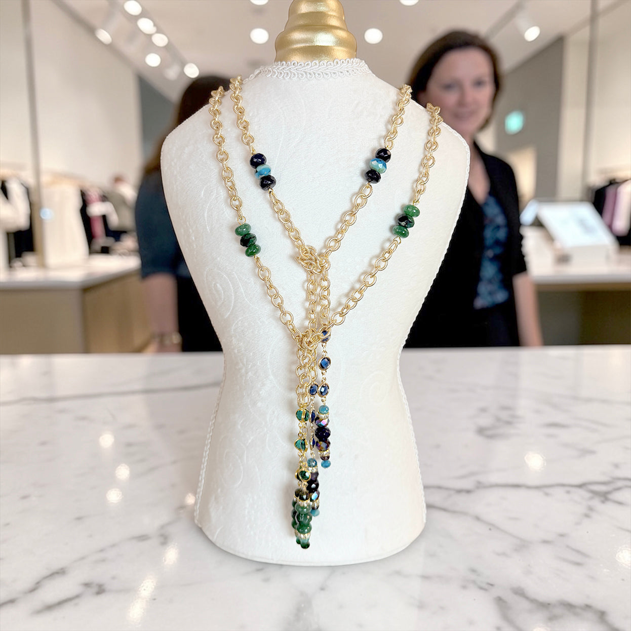 Czech glass rondelle beads diamond by the yard detail ribbed rhodium dipped brass chain necklace on display
