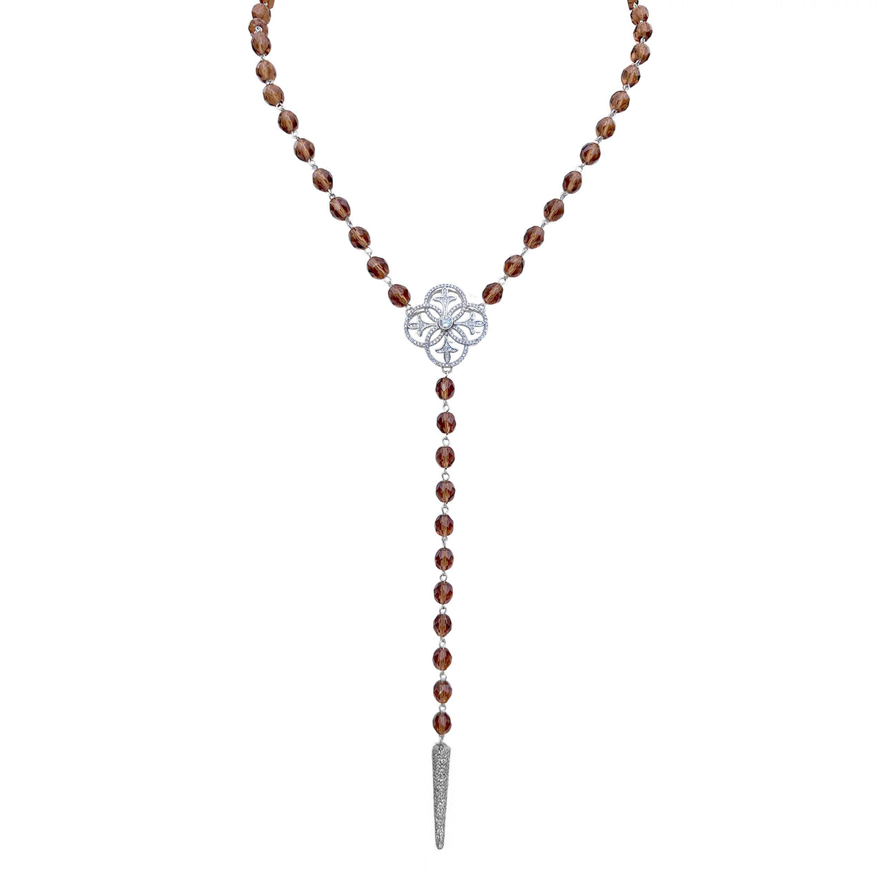 Brown faceted bead Y necklace with silver clover charm and crystal spi