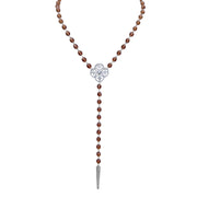 Brown faceted bead Y necklace with silver clover charm and crystal spi