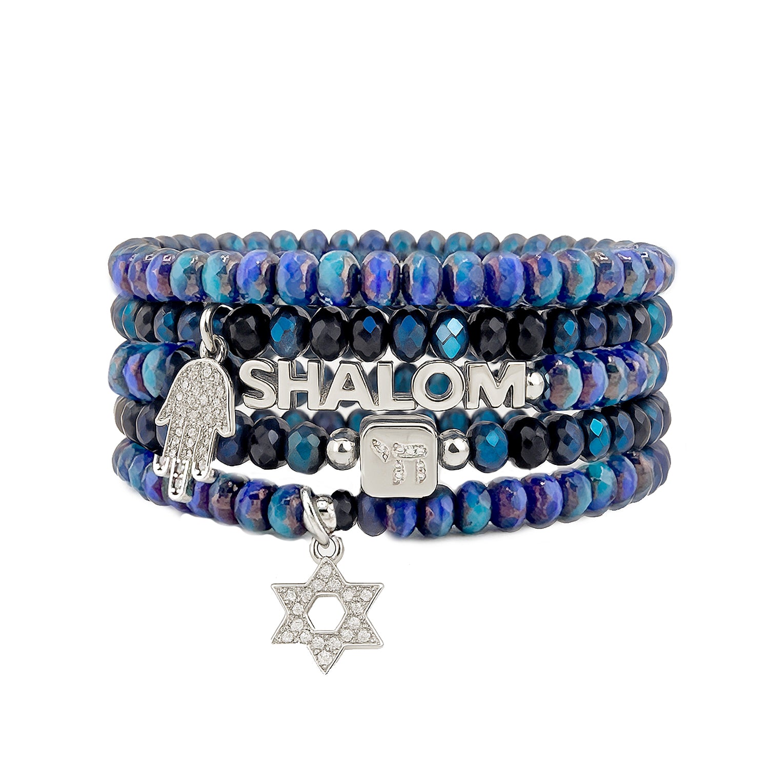 Shalom Blessings Bracelet Stack in blue and silver with faceted beads symbolic charms and elastic fit measuring 6.85 inches