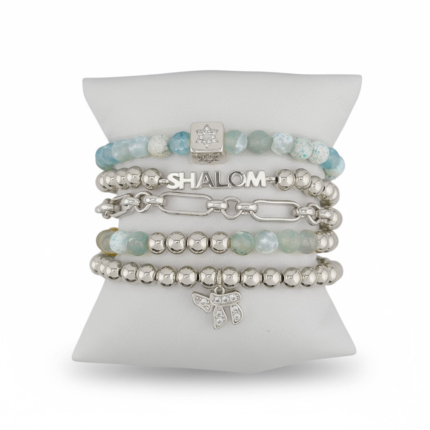 love lisa shalom bracelet stack silver tone with blue fire agate and pavé star of david charm