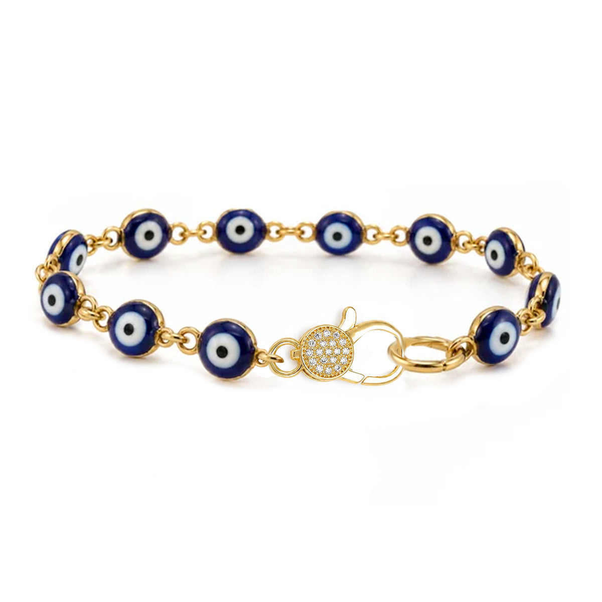 Love Lisa Shari Evil Eye Pavé Clasp Bracelet with glossy blue and white evil eye beads, gold-tone connecting links, and sparkling crystal pavé front clasp on white