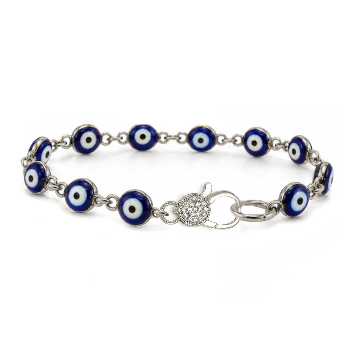Love Lisa Shari Evil Eye Pavé Clasp Bracelet with blue and white evil eye beads, silver-tone connecting links, and sparkling crystal pavé front clasp on white