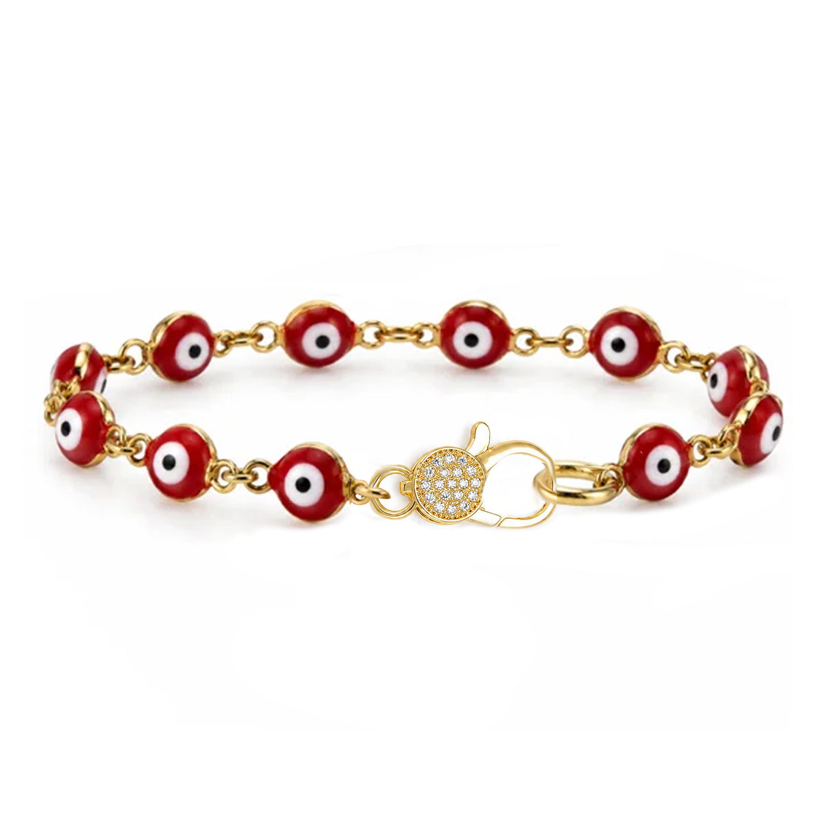 Love Lisa Shari Evil Eye Pavé Clasp Bracelet with red and white evil eye beads, gold-tone connecting links, and sparkling pavé front clasp on white
