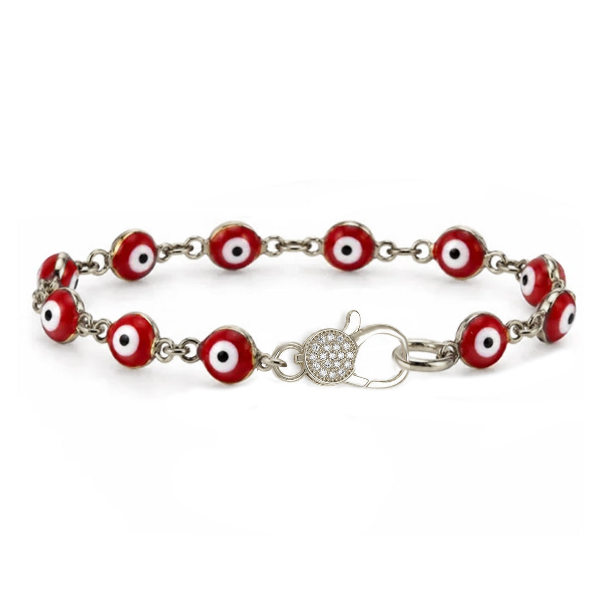 Love Lisa Shari Evil Eye Pavé Clasp Bracelet with red and white evil eye beads, silver-tone connecting links, and sparkling pavé front clasp on white