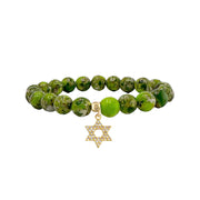 green sea sediment gemstone stretch bracelet pave star of david charm religious beaded jewelry
